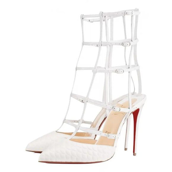 Christian Louboutin Kadreyana 100 White Leather Caged Ankle Strap Pump Heel 39.5 - Picture 1 of 12